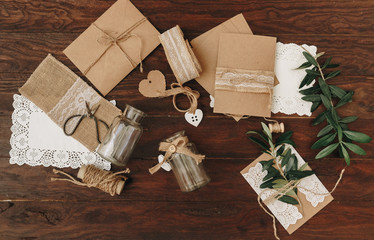 Diy creative  idea. Handmade card invitation. Wedding card invitation on wooden table. Flat lay