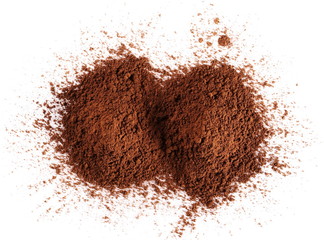 Cocoa powder pile isolated on white background, top view