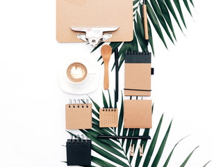 Modern blogger concept. Workspace with eco Kraft items on white background