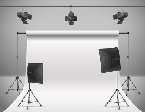 Vector realistic illustration of empty photo studio with blank white screen, lamps, flash spotlights, reflectors on tripods. Concept background with modern equipment for professional photography