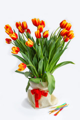 Red tulips bouquet in white pot isolated over white background. Mothers Day, Birthday, Valentines Day concept.