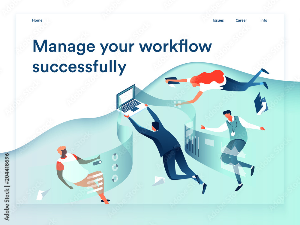Poster people flying and interacting with graphs and papers. business and workflow management. landing page