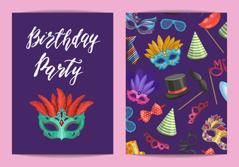 Vector card or flyer template with masks and party accessories