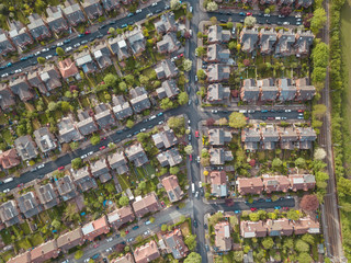 Residential houses drone above aerial view blue sky with park and greenery 