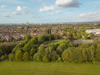 Residential houses drone above aerial view blue sky with park and greenery 