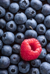  Ripe and juicy fresh blueberries and raspberry .