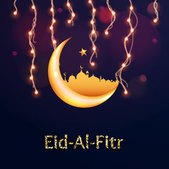 Obraz na płótnie Canvas Eid-Al-Fitr greeting card with islamic crescent moon 3D, mosque paper and paper lantern.