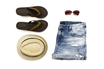 Woman summer casual accessories collage on white background, flat lay, top view