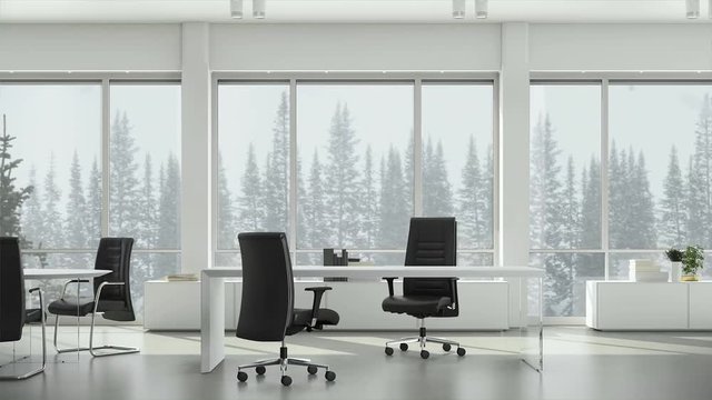 View from window in business office on winter snowfall on background coniferous trees and cloudy sky. Background plate, chroma key video background.