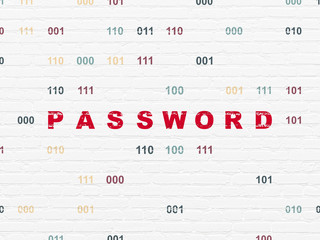 Security concept: Painted red text Password on White Brick wall background with Binary Code