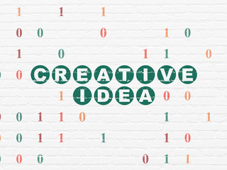 Finance concept: Painted green text Creative Idea on White Brick wall background with Binary Code
