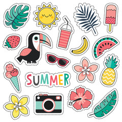 Cartoon style vector summer patches with cute toucan, tropical leaves and flowers, summer fruits and ice creams. Isolated on white, for stickers, pins, badges, fashion embroidery, temporary tattoos. - 204420808