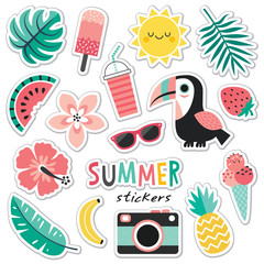 Cartoon style set of vector summer stickers, patches or icons with cute toucan, tropical leaves and flowers, summer fruits and ice creams. Isolated on white. Drop shadows on a separate layer.