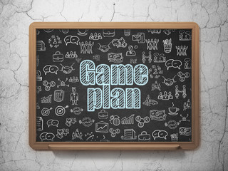 Finance concept: Chalk Blue text Game Plan on School board background with  Hand Drawn Business Icons, 3D Rendering