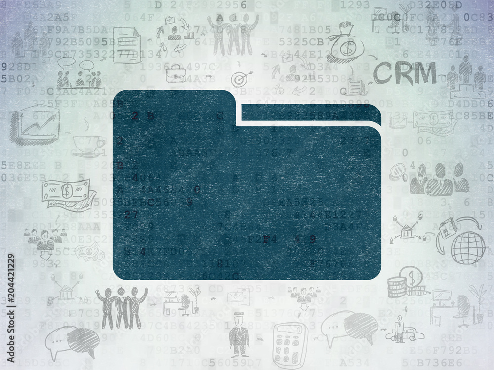 Poster business concept: painted blue folder icon on digital data paper background with scheme of hand draw