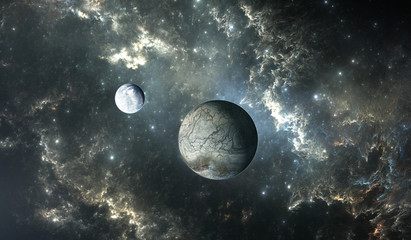 Obraz na płótnie Canvas Icy moon of extrasolar planet with stars on nebula background