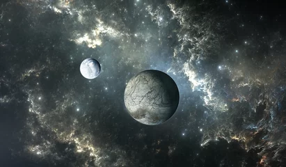 Eisiger Mond des extrasolaren Planeten mit Sternen auf Nebelhintergrund © Peter Jurik
