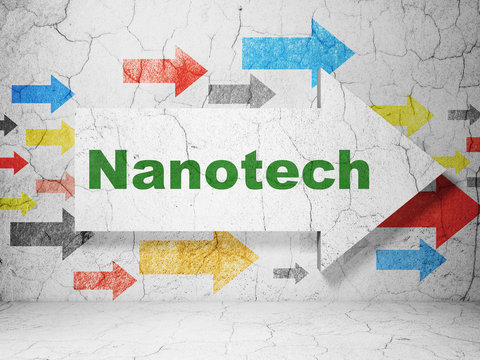 Science concept:  arrow with Nanotech on grunge textured concrete wall background, 3D rendering