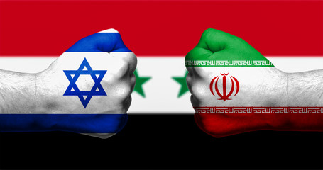 Flags of Israel and Iran painted on two clenched fists facing each other with flag of Syria in the...