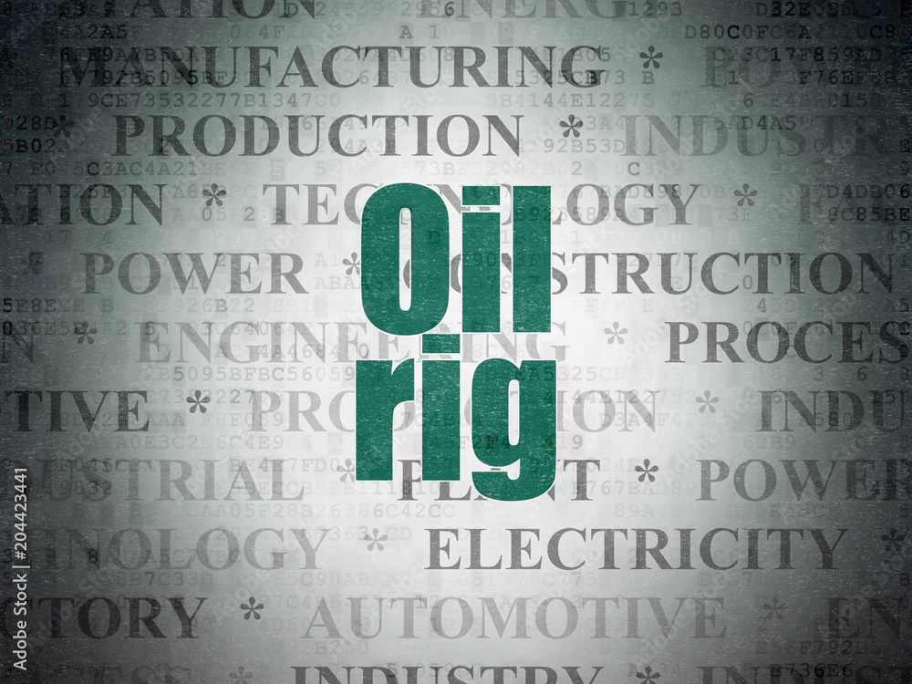 Poster manufacuring concept: painted green text oil rig on digital data paper background with tag cloud