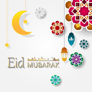 Eid mubarak vector banner, text in middle with lantern and Mosque. Eid mubarak ads, flyer, invitation, greeting card. Islamic background.