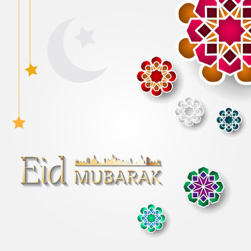 Eid mubarak vector banner, text in middle with lantern and Mosque. Eid mubarak ads, flyer, invitation, greeting card. Islamic background.