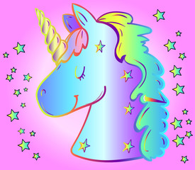Cute neon cartoon unicorn on pink gradient background with bright stars. Fairytale style