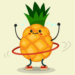 Cute Pineapple cartoon character doing exercises with hula hoop. Eating healthy and fitness. Flat retro style illustration concept.