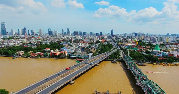 Phra Phuttha Yodfa Bridge, Memorial Bridge Bangkok Thailanl; Aerial view on the Chao Phraya River