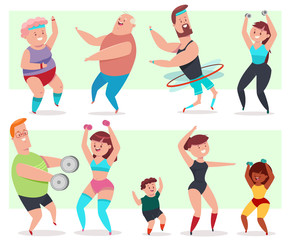 Fitness young and elderly men, women and children doing exercise. People workout vector cartoon character isolated on a white background. Healthy lifestyle set for family.