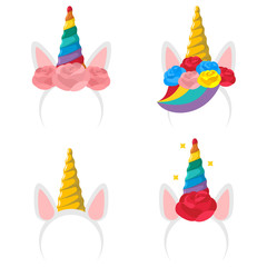Unicorn headband cartoon icon set. Vector flat hair clip with a horn, ears, rose flower and rainbow isolated on a white background.