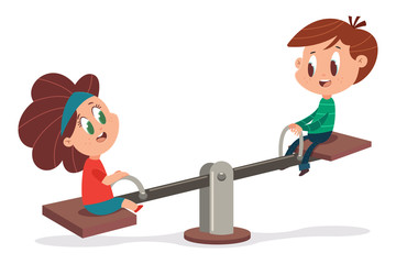 Kids on a wooden seesaw. Vector cartoon illustration of a cute boy and girl playing on a swing isolated on a white background.