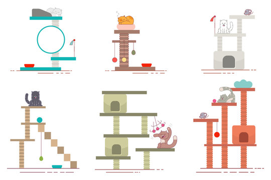 Cat tower and scratching post flat icons set. Vector collection of playground accessories for pets. Funny cartoon kittens character isolated on white background.