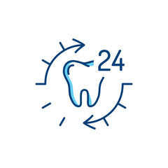 24 Hour Dental Care Tooth icon. Stomatology thin line art icons. Vector flat illustration