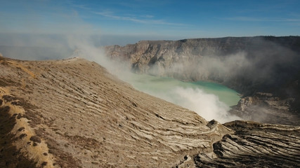 Crater with acidic crater lake, Kawah Ijen the famous tourist attraction, where sulfur is mined. Aerial view of Ijen volcano complex is a group of stratovolcanoes in the Banyuwangi Regency of East