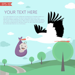  Vector Illustration with fairy tale landscape, Stork and a baby. Template.
