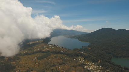 Aerial view of over Twin Lakes Buyan and Tamblingan in North Bali, Indonesia, a caldera lakes at Bali. Beautiful lakes with turquoise water in the mountains of the island of Bali. Landscape, lake