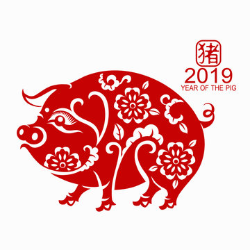 Happy chinese new year 2019 Zodiac sign year of the pig with red paper cut art and craft style on color Background.