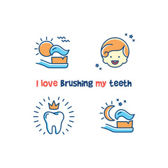 Fototapeta premium Children's dental poster: I love brushing my teeth. Teeth cleaning line icons, Healthy baby teeth card. Vector flat illustration