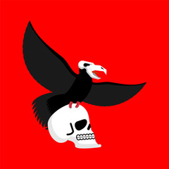 Black bird with skull. Crow of death. Vector illustration