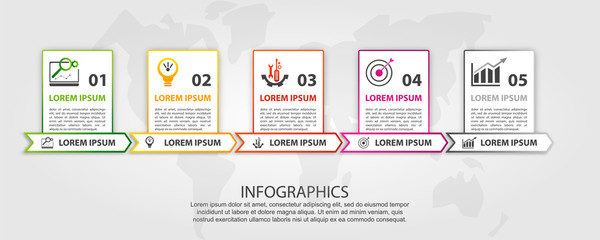 Vector illustration. An infographic template with 5 steps and an image of five rectangles. Use for business presentations, education, web design. Place for text and icons