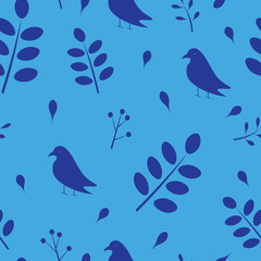 Seamless pattern with birds and leaves, vector