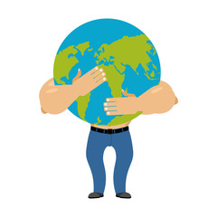Man hugging earth planet. World is in male hands. Vector illustration