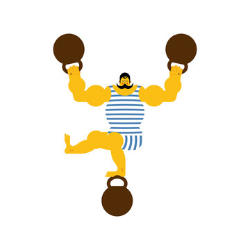 Retro strongman and weight. Vintage Sportsman. Circus bodybuilder. man of musls in poloat clothes. Vector illustration