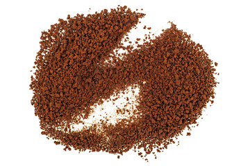 Instant coffee powder isolated on white background, top view.