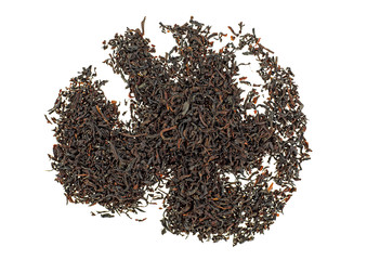 Dry black tea leaves isolated on white background, top view.