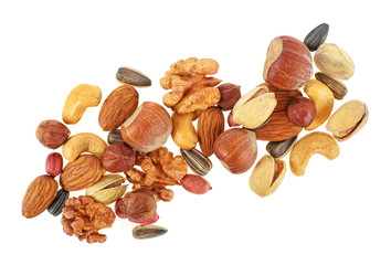 Assorted mixed nuts, white background. Top view.