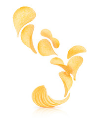 Potato chips rise up from the pile with chips on a white background