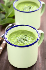 Fresh homemade cream of green pea and mint soup in enamel cups, garnished with stripes of mint leaves (Selective Focus, Focus one third into the soup)