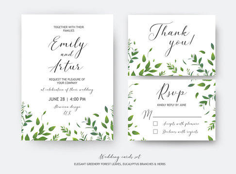 Wedding invite, invitation, RSVP, thank you cards vector art design.  Watercolor style green leaves, eucalyptus tree branches, forest herbs, plants. Elegant, greenery, rustic, natural minimalist suite